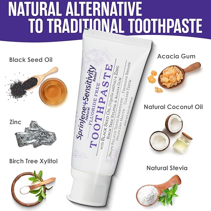 SprinJene Fluoride Free Toothpaste for Sensitive Teeth & Gum Fresh Breath Helps Dry Mouth Natural Non Fluoride Toothpaste for Adult SLS Free, Toxic Preservative Free with Black Seed Oil & Zinc 2 Pack