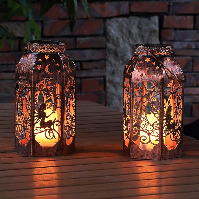 Solar Lanterns Outdoor Hanging Metal Bronze Moon Fairy Lantern, 1 Pack Waterproof Flickering Flameless Candle Mission Lights for Table,Pathway,Garden Gifts for Women, Mothers' Day Gift