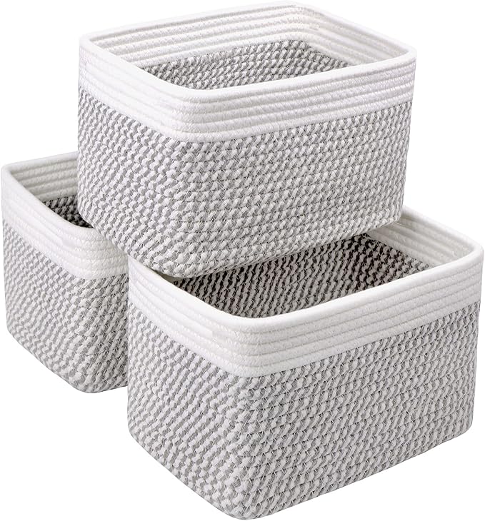Small Cotton Rope Storage Basket Set of 3-11"x7"x7" Perfect Woven Baskets for Storage, Ideal Storage Baskets for Organizing Toys, Towels, and More - Baskets for Shelves(White & Mixed Grey)