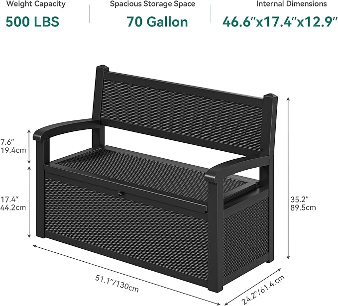 YITAHOME 70 Gallon Storage Bench Deck Box, Lockable Patio Bench, Waterproof Outdoor Pool Deck Storage for Patio Cushions, Garden Tools and Pool Supplies, Black