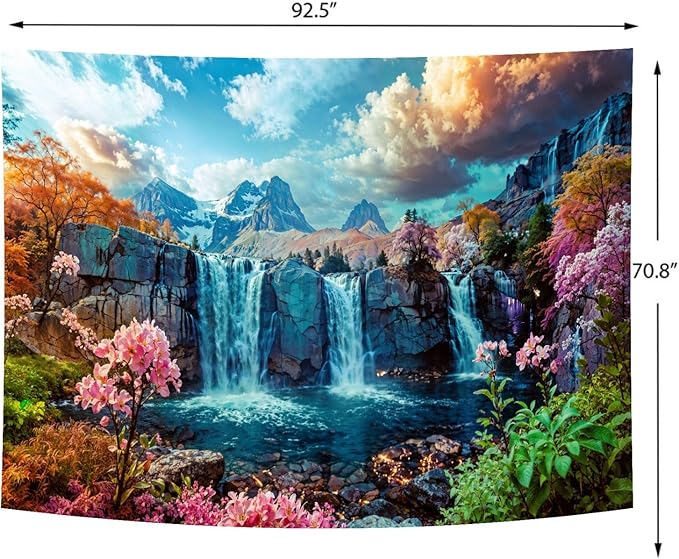 Delur Waterfall Tapestry Tropical Forest Mountain Sunset Tree Wall Hanging Tapestry Scenic Rainforest Landscape Nature Sunrise Headboard for Bedroom Living Room Home Decor (70.8" x 92.5")