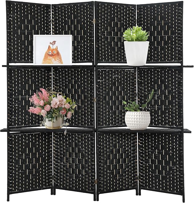 Room divider 4 panel Room Screen Divider Wooden Screen Folding Portable Partition Screen Wood with Removable Storage Shelves Color,Black