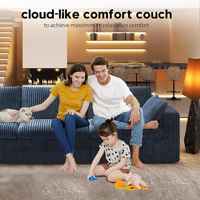 118" 3-Seater Cloud Sofa,Modular Sectional Couch,Modern Deep Seat Upholstered Couches with Plush Corduroy Fabric for Living Room Furniture,Bedroom and Apartment,No Assembly Required,Blue