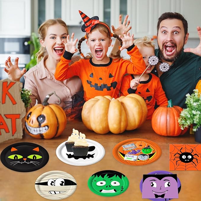 105PCS Halloween Paper Plates Ghosts Pumpkin Skull Spider Web Design for Halloween Party Decorations Supplies, Serves 30