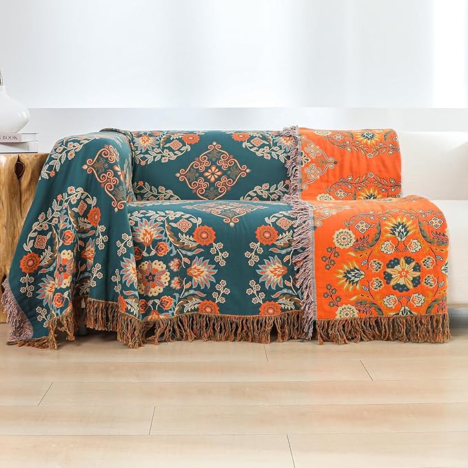Throw Blanket for Couch Bed Chair,100% Cotton Soft Lightweight Blanket Rustic Quilt -Orange Floral Printed Farmhouse Decor Bed All Season Blankets,90"×98"
