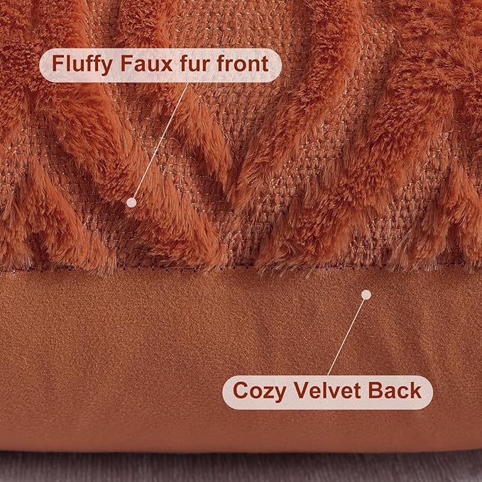 decorUhome Fall Throw Pillow Covers 12x20 Inch Set of 2, Soft Plush Decorative Faux Fur Rust Solid Couch Pillow Covers, Accent Farmhouse Neutral Lumbar Euro Pillow Cases for Sofa Bed Living Room