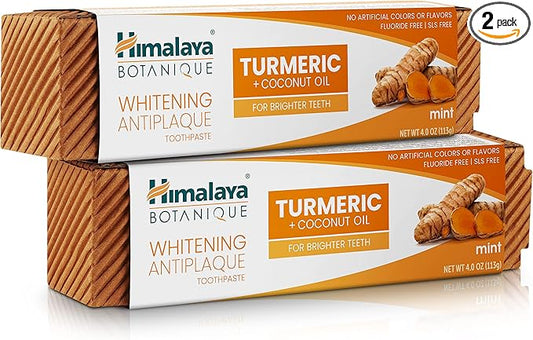 Himalaya Botanique Turmeric & Coconut Oil Whitening Antiplaque Herbal Toothpaste, Whitens Teeth, Fluoride Free, No Artificial Flavors, SLS Free, Vegan, Cruelty Free, Foaming, Mint Flavor, 4 Oz, 2 Pack