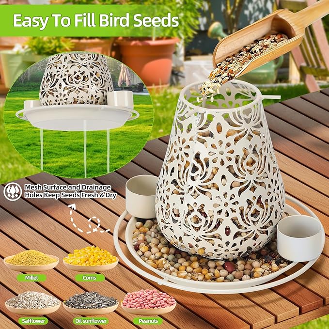 Mushroom Solar Bird Feeders for Outdoors Hanging Metal Wild Bird Feeder Garden Lantern with S Hook for Garden Decoration Yellow