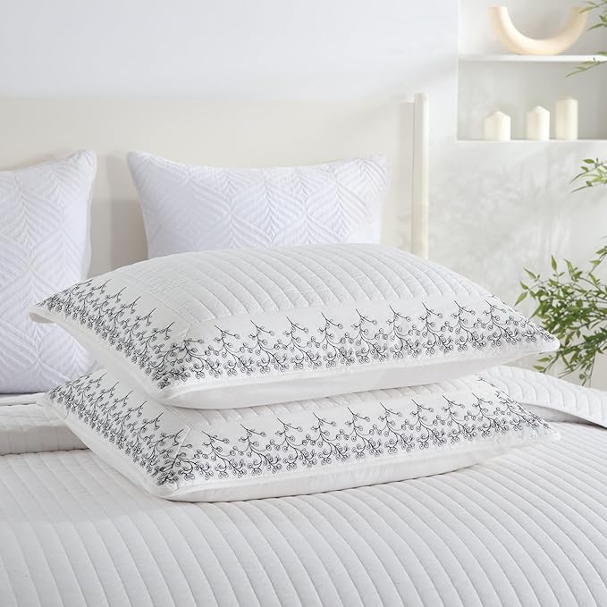 MarCielo 3-Piece 100% Cotton White Striped Quilt Set with Botanical Edge Embroidery TC(Sakura White,King(106" X 98"))