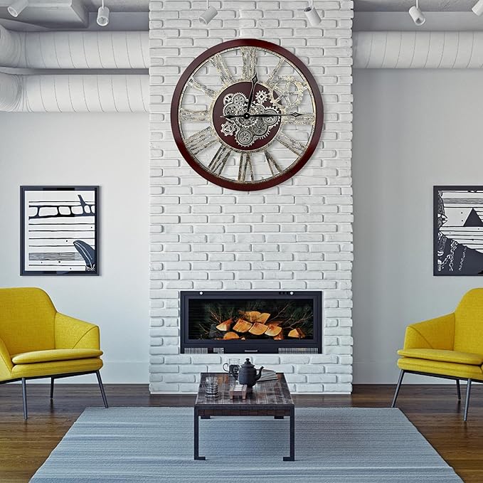 The B-Style Large Real Moving Gears Wall Clock 30 inch Rustic Retro Industrial Farmhouse Wood Clock Oversized Decorative Vintage Wall Clocks for Living Room (Black walunt Wood and Bronze)