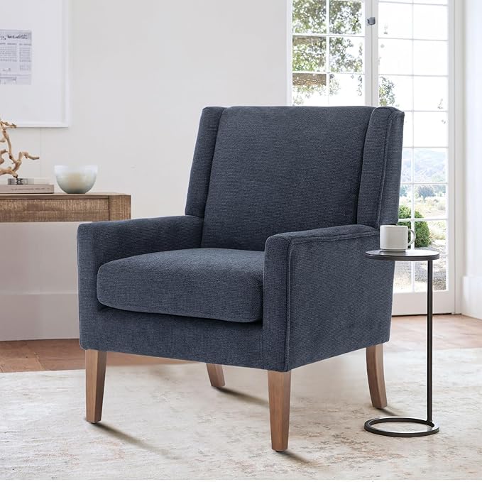 COLAMY Modern Wingback Living Room Chair, Upholstered Fabric Accent Armchair, Single Sofa Chair with Lounge Seat and Wood Legs for Bedroom/Office/Reading Spaces, Blue