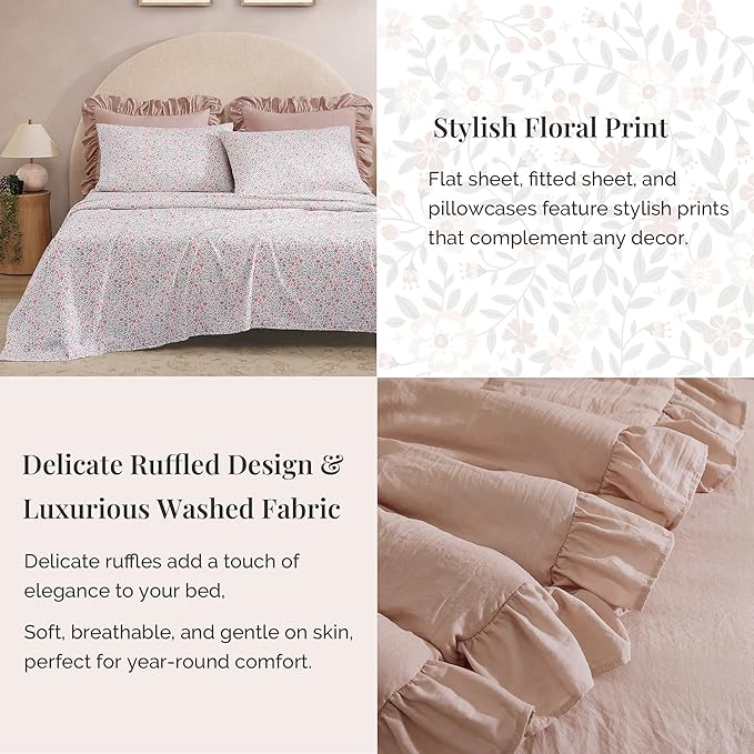 King Comforter Set - 7 Pieces Ruffle Pink Bedding Sets, Shabby Chic Farmhouse Bed in a Bag King with Ruffle Comforter, Floral Sheets, Pillowcases & Shams