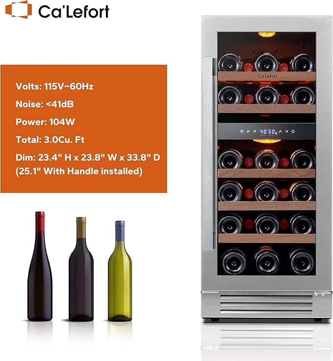Ca'Lefort 15 Inch Wine Fridge, 28 Bottle Wine Cooler Refrigerator, 40-65°F Wine Refrigerator Glass Door, 3 LED Dual Zone Wine Fridge, Built-in or Freestanding Fridge for Home/Bar/Kitchen (3.0 cu.ft)