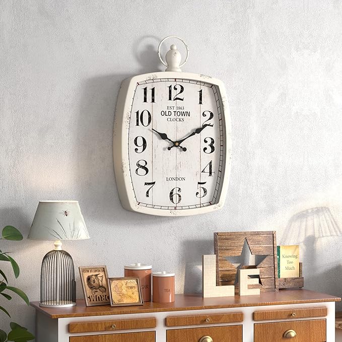 Menterry Rectangle Retro Large Wall Clock, Old-Fashioned Vintage Design, White Antique Style, Battery Operated Silent Decor Wall Clocks for Farmhouse,Kitchen,Office (15.5" H x 10.2" W)