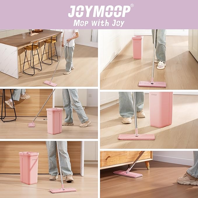 JOYMOOP Pink Mop and Bucket with Wringer Set for Home, with 5 Reusable Microfiber Mop Pads, Hands-Free Self-Cleaning System, Suitable for Floor Cleaning and Wall Cleaner