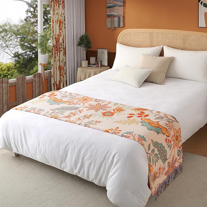 Boho Throw Blanket Twin Size, Soft Cozy Cotton Muslin Quilt Blanket for Bed Decor, Floral Patterned Couch Sofa Chair Cover, Vintage Farmhouse Cottage Tapestry Woven Blanket, Coral&Green