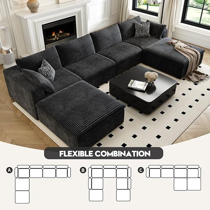 157.5" Cloud Couch Oversized Modular Sectional Sofa for Living Room,Modern Sofa with Deep Seat,U-Shape Boneless Couch with 2 Ottoman,Comfy Upholstered Couches for Apartment, Studio, Office,Black