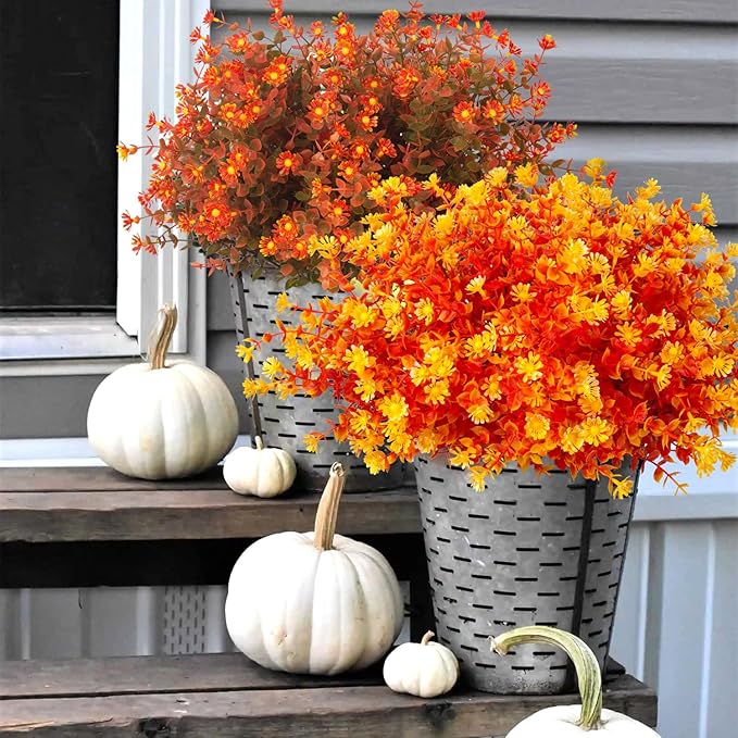 12 Bundles Artificial Fall Flowers No Fade Faux Autumn Plants, Fake Indoor Outdoor Greenery Decorations for Thanksgiving Christmas Wedding Party Home Garden Fireplace Décor (Fall Red)