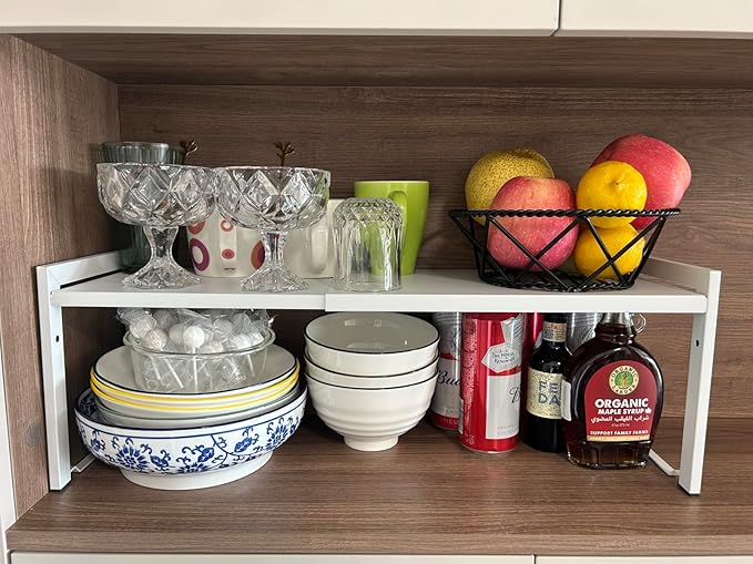 Expandable Cabinet Shelf Organizer 16-26" L Stackable Kitchen Counter Shelf Rack Stand Sink Riser Countertop Storage White (Normal 7.9”D)