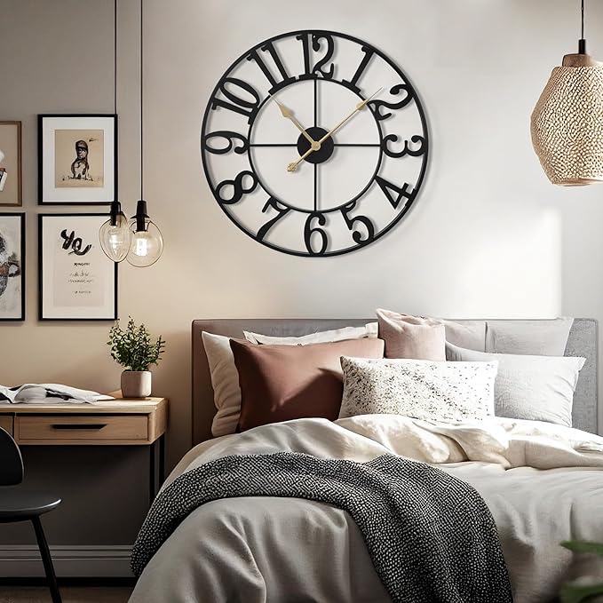 LEIKE Large Wall Clock, 16" Silent Non-Ticking, Battery Operated, Oversized, Decorative Retro Black Metal Clock for Living Room,Farmhouse, Dinner Room,Indoor, Outdoor Decor(40cm, Black Arabic Number)