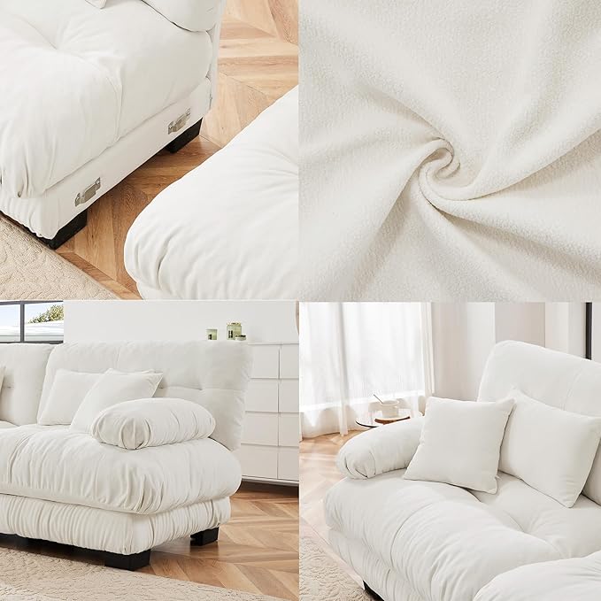 Modern L-Shaped Couch, 4-Seater Cloud Couch with Round Bolster Armrests, Oversized Loveseat Sectional Sofa, Chenille Fabric, White