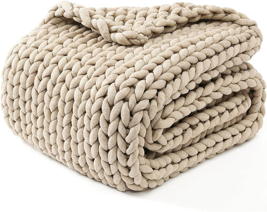 YnM Chunky Throw Blanket, Medium-Weight, Hand Knitted, Skin Friendly, Ventilated and Breathable, Machine Washable, Home Décor Piece for Couch, Sofa and Bed (Beige, 50x70 Inch)