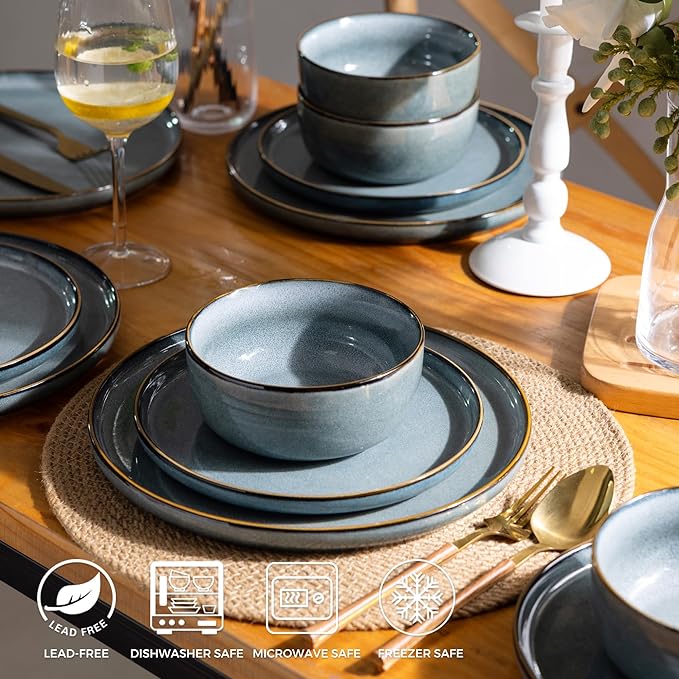 GBHOME Ceramic Dinnerware Sets for 8, 24 Pieces Stoneware Plates and Bowls Sets, Scratch Resistant Dishes, Dishwasher & Microwave Safe, Reactive Glaze-Space