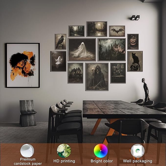 LANCHI95 12 Pcs Halloween Wall Art Prints, Vintage Witch Posters, Cute Ghost Pictures for Bedroom Decor (UNFRAMED)