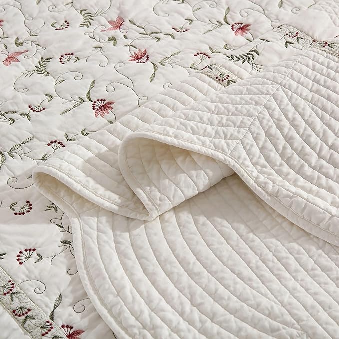 MarCielo 3-Piece 100% Cotton Oversized Bedspread Lightweight Quilt Coverlet Embroidery Farmhouse Bedding Set (TC Soft White,Oversized Queen (100"x106"))