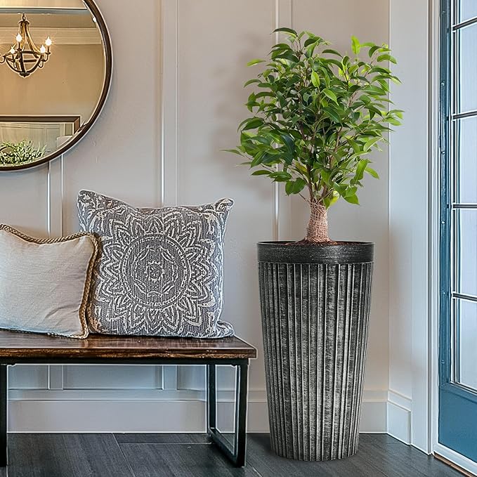 Worth Garden 22.5" H. Plastic Planters - Set of 2 Vintage Black Tall Conical Plant Pots for Indoor Outdoor Use - Decorative Lightweight Flower Pots for Front Porch, Patio, Deck - 12.5" Dia x 22.5" H