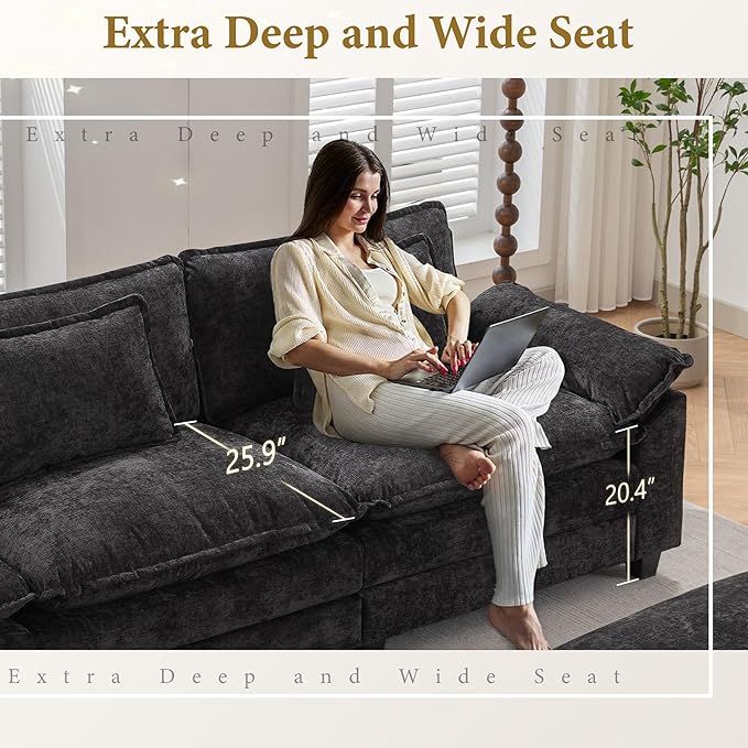 URRED Modular Sectional Sofa Comfy Cloud Couch, Modern Chenille Sofa Sleeper Deep Seat Couches with Ottoman/Pillows for Living Room (Black, 53'')