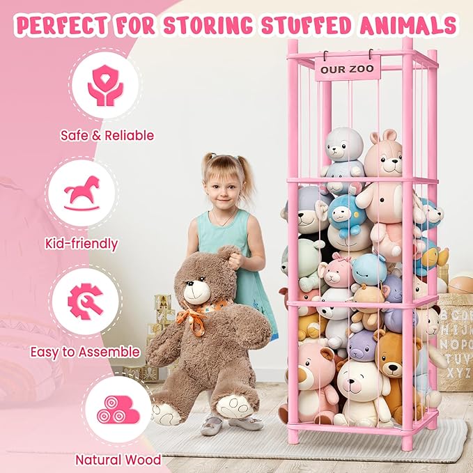 Stuffed Animal Storage & Organizer, Wooden Cute Zoo Toy Holder for Toddler Rooms, Playrooms & Bedrooms(Pink)