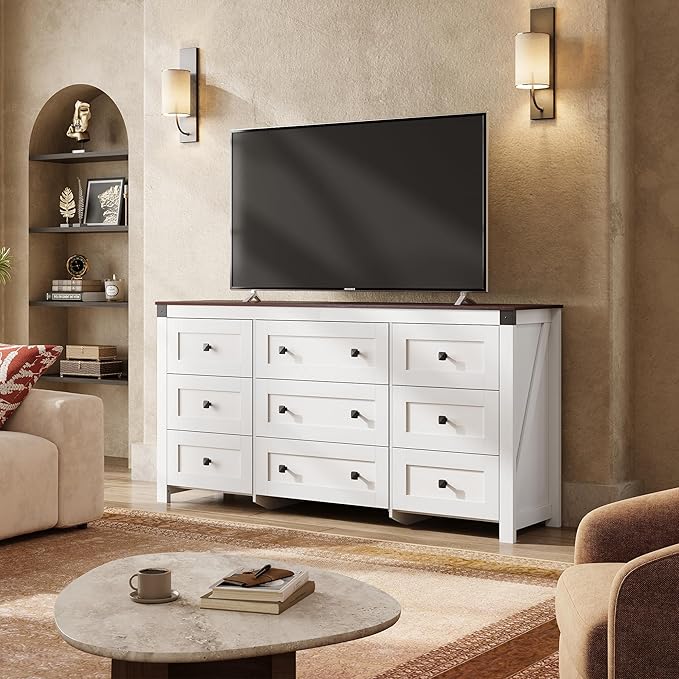WLIVE Farmhouse Dresser for Bedroom, 63" Wide 9 Drawer Dresser Storage Organizer, Wood Chest of Drawers for Bedroom, TV Stand for 70 inch TV, for Living Room, Hallway, Ball Bearing Slide (White)