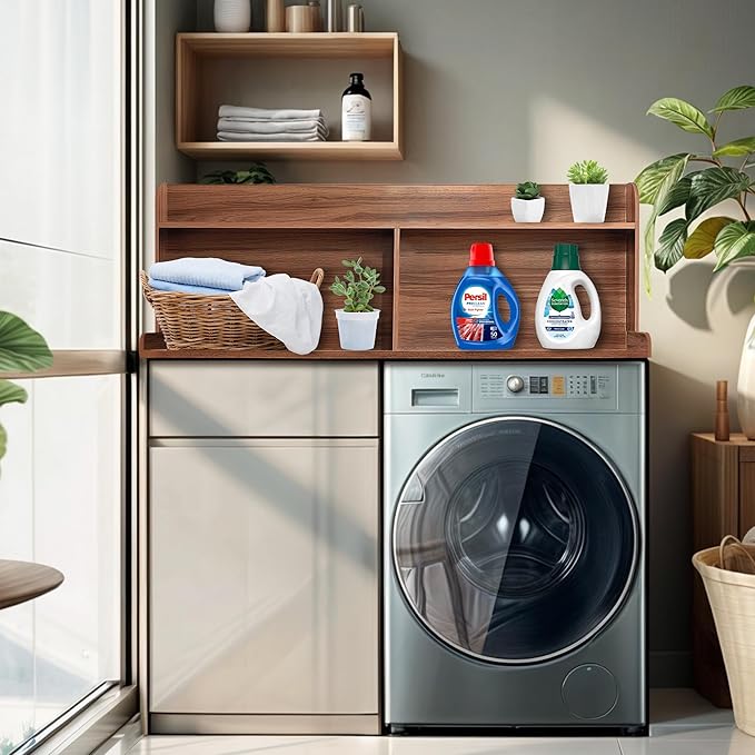 Royxen 2-Tier Washer Dryer Countertop,19.5" H Wood Washer and Dryer Topper with Shelf,Laundry Countertop Over Washer and Dryer, Universal Fit for Laundry Room Organization (Walunt, 54" WX27.5 D)