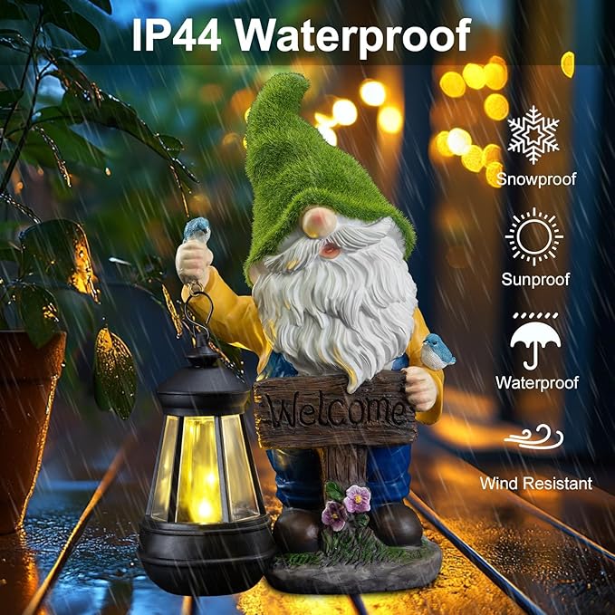 Garden Gnome Outdoor Statues with Solar Lights,Resin Flocked Solar Gnome Statue Holding Lantern,Outdoor Gnomes Decorations for Garden, Patio Gnome Gifts for Mom