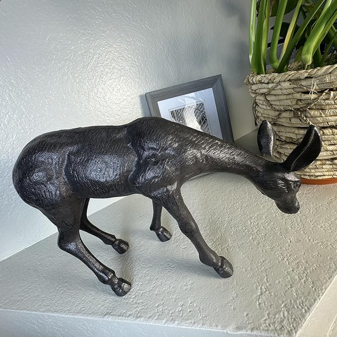Cast Iron Deer Sculpture(11.4" Tall), Realistic Lawn Garden Decor Statue, Lifelike Grazing Deer Figure, Outdoor/Indoor Decorative Art, Metal Animal Ornament HC3672
