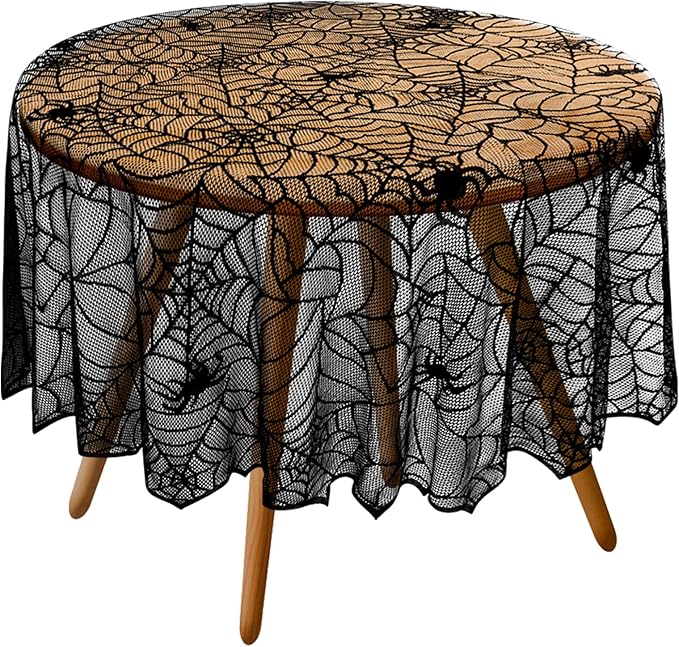 eZAKKA Round Halloween Tablecloth, 70 Inch Spider Webs Tablecloths Black Tablecloth Lace Fabric Table Cloths Spooky Table Cover for Parties Gothic Halloween Home Decorations