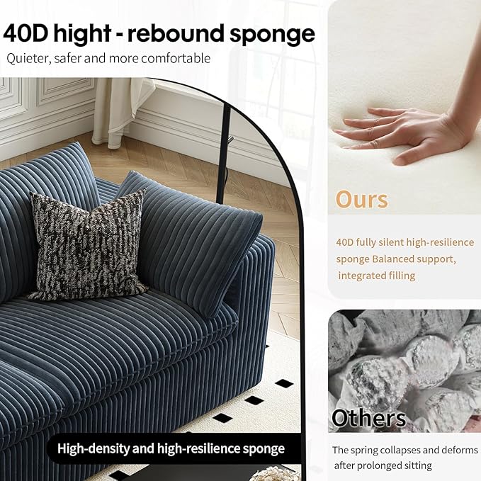 118" Cloud Couch Oversized Modular Sectional Sofa for Living Room,Modern Sofa with Deep Seat,6 Seater Boneless Couch,Comfy Upholstered Corduroy Couches for Apartment, Studio, Office,Bedroom,Blue