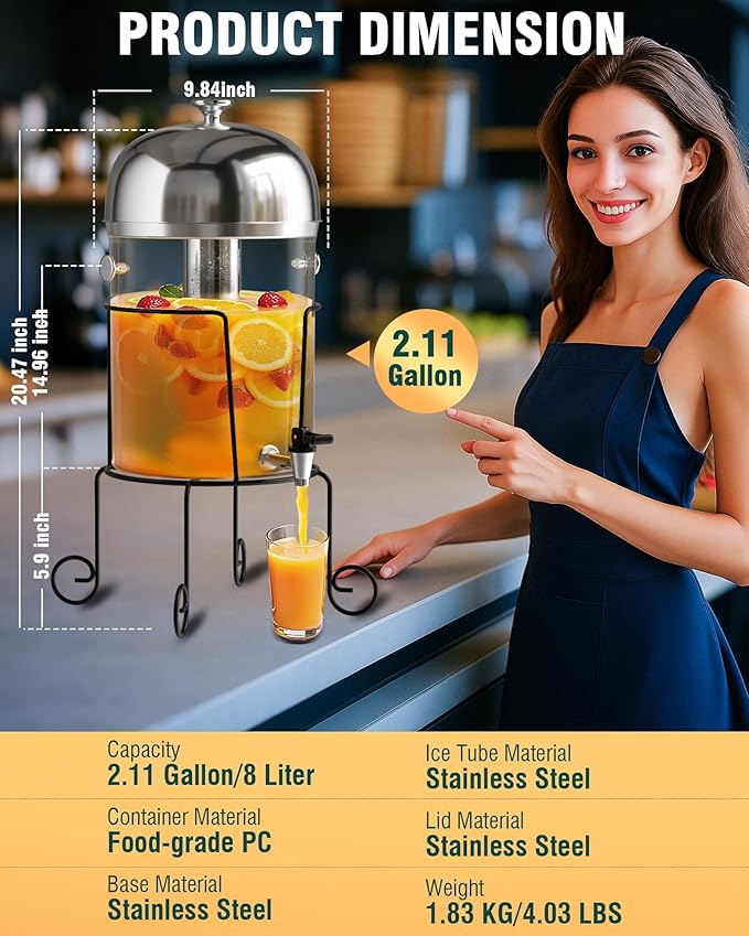 Wantjoin Beverage Dispenser With Stand - 2 Gallon Drink Dispenser With Stand Juice Dispensers For Parties, Ice Core, Spigot, Visible Container For Lemonade, Cocktail, Sangria, Punch, Events, Buffet