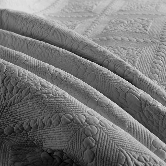 MarCielo 3-Piece 100% Cotton Oversized Bedspread Lightweight Quilt Coverlet Embroidery Farmhouse Bedding Set (Tk Light Grey, Oversized Queen (100"x106"))