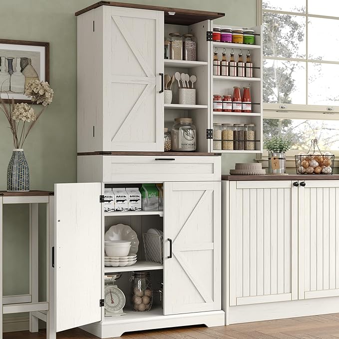 72'' Kitchen Storage Pantry Cabinet, Tall Storage Cabinet with 8 Door Shelves, 2 Cabinets and 1 Drawer, Freestanding Cupboard for Kitchen, Dining Room, Bathroom, Laundry, Off White