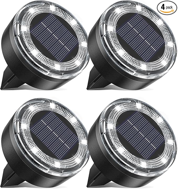 Mini Outdoor Solar Lights,4 Pqck Solar Garden Lights for Outside IP65 Waterproof, 8 LED Disc Landscape Lighting for Garden Yard Driveway Walkway Poolside Deck Lawn Patio,Cold White