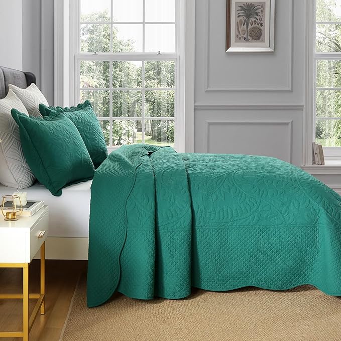 MarCielo 3-Piece 100% Cotton Oversized Bedspread Lightweight Quilt Coverlet Embroidery Farmhouse Bedding Set T0 (Emerald, Oversized Queen (100"x106"))