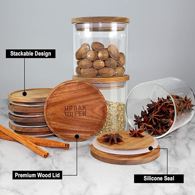 Urban Green Glass Jars with Airtight Lids, Airtight Glass Canisters set, Large Food Storage Containers with Wood Lids, 2 Pack of 100oz, Dry Food Pantry Jars, Flour Containers