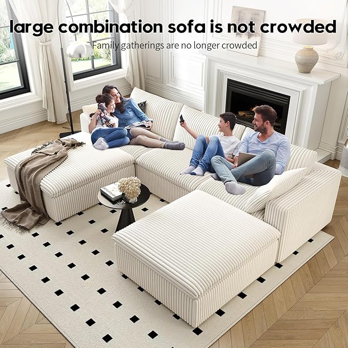 118" Cloud Couch Modular Sectional Sofa for Living Room,Modern Sofa with Deep Seat,U-Shape Boneless Couch with 2 Ottoman,Comfy Upholstered Corduroy Couches for Apartment, Studio, Office,Bedroom,White