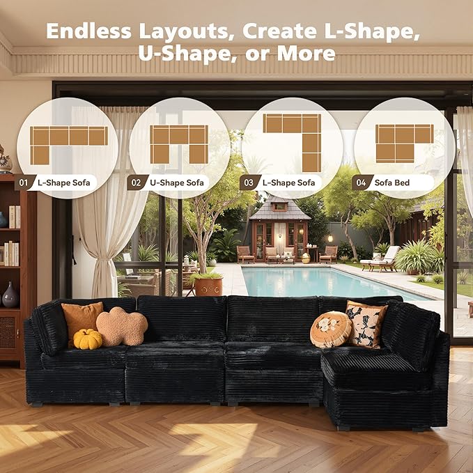 Modular Sectional Sofa with Chaise U Shaped Sectional Couch for Living Room, 5-Seater Comfy Cloud Couches, Plush Corduroy, Black
