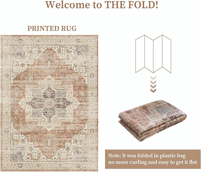 5'x7' Area Rug - Vintage Persian Medallion Design Low-Pile Faux Wool Rug, Non-Slip Backing, Machine Washable, for Living Room, Dining Room, Bedroom (Brick Red)