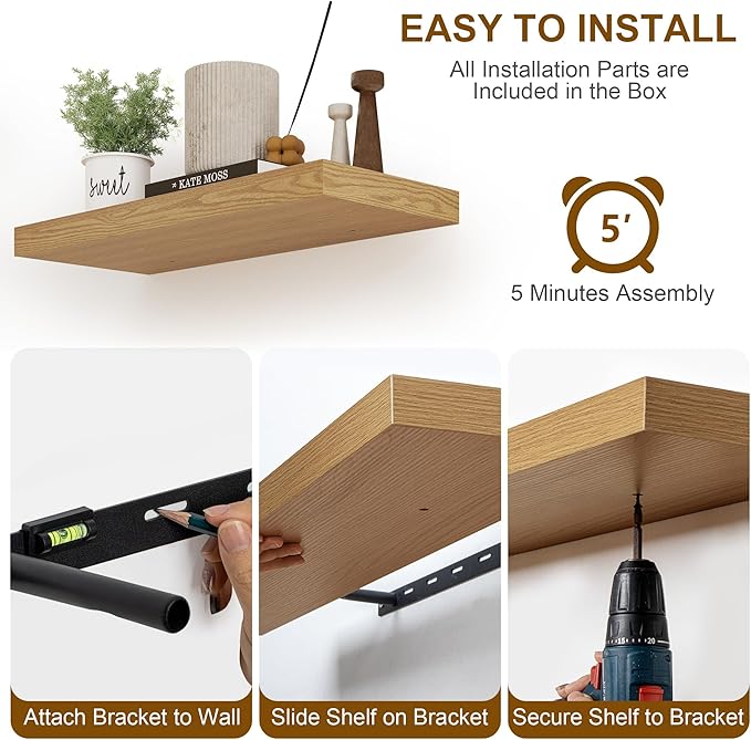 Floating Shelves for Wall, 8 Inch Deep Floating Shelves, 24"W x 8"D Wall Shelves Set of 2, Rustic Wood Floating Shelf for Home Decor, Deep Storage Shelves for Kitchen, Bedroom, Living Room