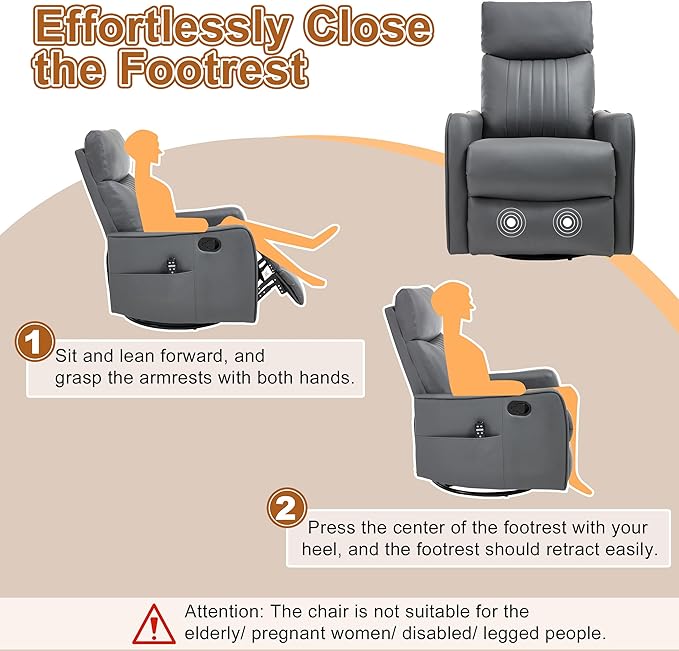 Manual Swivel Rocker Recliner Chair for Adults, Overstuffed Reclining Glider Chair for Nursing with Vibration Massage & Heat, Living Room Rocking Recliner 2-Stage backrest, Faux Leather Gray