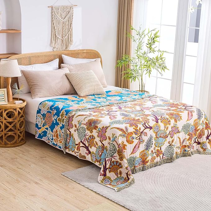Boho Throw Blanket for Bed, 100% Cotton Soft Rustic Quilt Fall Blanket, 60"x80" Floral Printed Farmhouse Decor Bed Blankets, All Season Rustic Reversible Bohemian Throw Quilt
